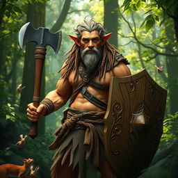 A mid-aged forest elf, robust and muscular, standing confidently in a lush forest