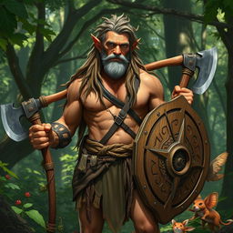 A mid-aged forest elf, robust and muscular, standing confidently in a lush forest