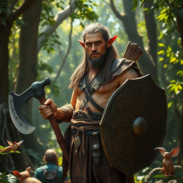 A mid-aged forest elf, robust and muscular, standing confidently in a lush forest