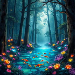 A mystical forest filled with vibrant, luminescent flora