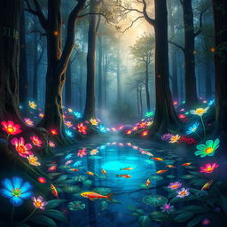 A mystical forest filled with vibrant, luminescent flora