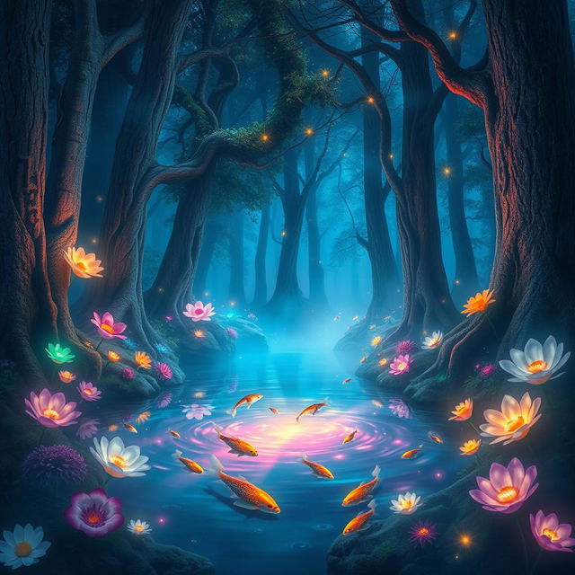 A mystical forest filled with vibrant, luminescent flora