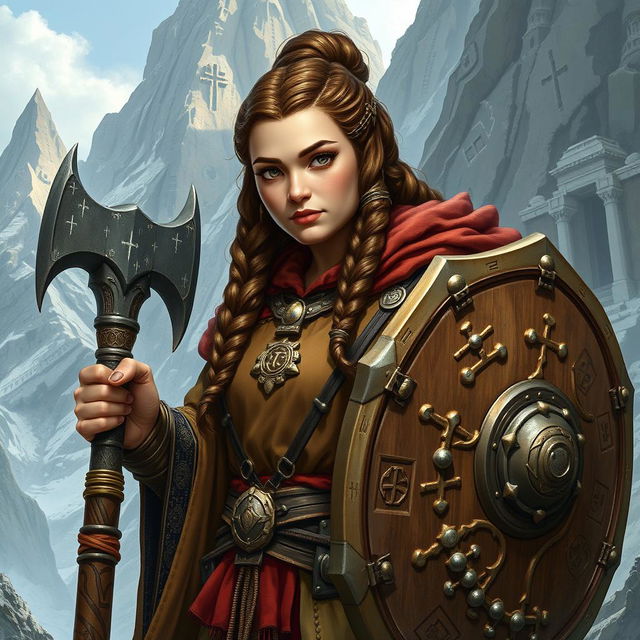 A brown mountain dwarf cleric, with a strong and earthy complexion, characterized by a dense, traditional dwarf braid