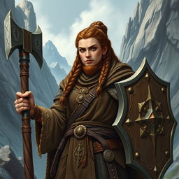 A brown mountain dwarf cleric, with a strong and earthy complexion, characterized by a dense, traditional dwarf braid