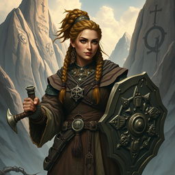 A brown mountain dwarf cleric, with a strong and earthy complexion, characterized by a dense, traditional dwarf braid