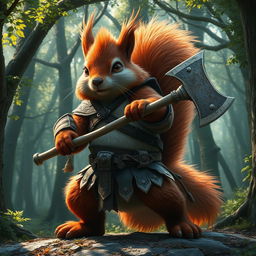 A giant, 3-meter tall red squirrel wielding an axe, resembling a barbarian