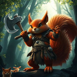 A giant, 3-meter tall red squirrel wielding an axe, resembling a barbarian