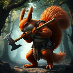 A giant, 3-meter tall red squirrel wielding an axe, resembling a barbarian