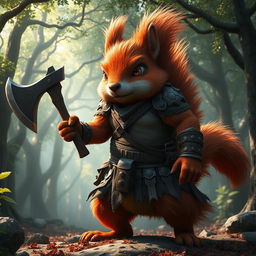 A giant, 3-meter tall red squirrel wielding an axe, resembling a barbarian