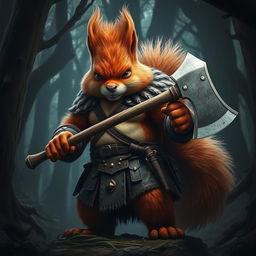 A giant, 3-meter tall red squirrel wielding an axe, resembling a barbarian, with a threatening appearance