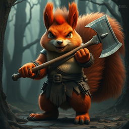 A giant, 3-meter tall red squirrel wielding an axe, resembling a barbarian, with a threatening appearance