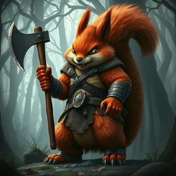 A giant, 3-meter tall red squirrel wielding an axe, resembling a barbarian, with a threatening appearance