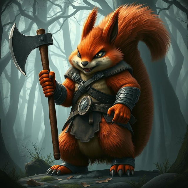 A giant, 3-meter tall red squirrel wielding an axe, resembling a barbarian, with a threatening appearance