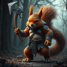 A giant, 3-meter tall red squirrel wielding an axe, resembling a barbarian, with a threatening appearance