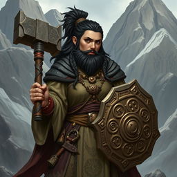 A black mountain dwarf cleric, with an imposing and rough-hewn appearance, sporting a traditional dwarf hairstyle