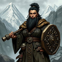 A black mountain dwarf cleric, with an imposing and rough-hewn appearance, sporting a traditional dwarf hairstyle