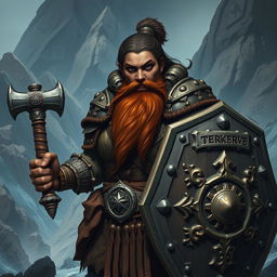 A dark-skinned mountain dwarf, exuding strength and resilience, with a robust physique and a traditional dwarf beard