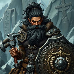 A dark-skinned mountain dwarf, exuding strength and resilience, with a robust physique and a traditional dwarf beard