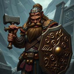 A dark-skinned mountain dwarf, exuding strength and resilience, with a robust physique and a traditional dwarf beard