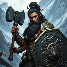 A dark-skinned mountain dwarf, exuding strength and resilience, with a robust physique and a traditional dwarf beard