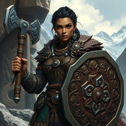 A dark-skinned mountain dwarf woman, embodying strength and resilience, with a muscular build and a traditional dwarf braid