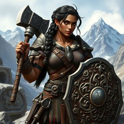 A dark-skinned mountain dwarf woman, embodying strength and resilience, with a muscular build and a traditional dwarf braid