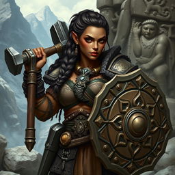 A dark-skinned mountain dwarf woman, embodying strength and resilience, with a muscular build and a traditional dwarf braid