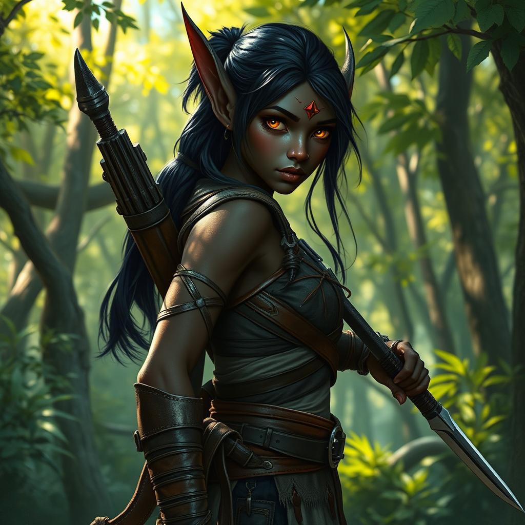 A dark-skinned forest elf, exhibiting grace and agility, with striking pointed ears and ethereal features