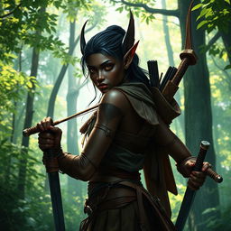 A dark-skinned forest elf, exhibiting grace and agility, with striking pointed ears and ethereal features