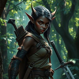 A dark-skinned forest elf, exhibiting grace and agility, with striking pointed ears and ethereal features