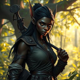 A dark-skinned forest elf, exhibiting grace and agility, with striking pointed ears and ethereal features