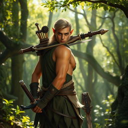 A forest elf man with a lithe and agile build, his presence exuding a natural grace