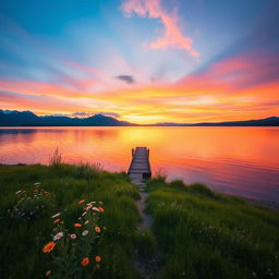 A serene lakeside view during sunset, with the calm waters reflecting the vibrant hues of an orange and pink sky