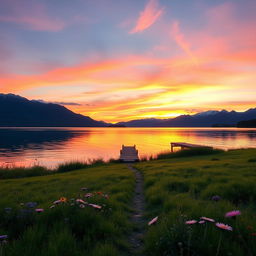 A serene lakeside view during sunset, with the calm waters reflecting the vibrant hues of an orange and pink sky