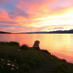 A serene lakeside view during sunset, with the calm waters reflecting the vibrant hues of an orange and pink sky