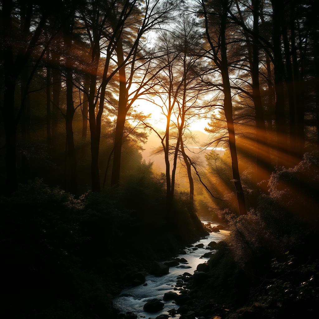 Create an image of a serene and mystical forest during sunrise