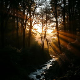 Create an image of a serene and mystical forest during sunrise