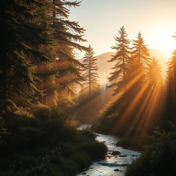 Create an image of a serene and mystical forest during sunrise