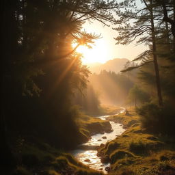 Create an image of a serene and mystical forest during sunrise