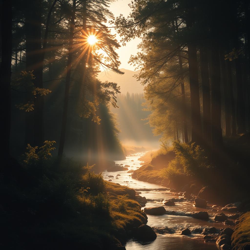 Create an image of a serene and mystical forest during sunrise