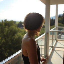 A serene balcony scene with a focus on the natural surroundings, highlighting the gentle play of light and shadow