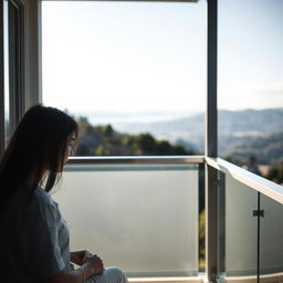 A serene balcony scene with a focus on the natural surroundings, highlighting the gentle play of light and shadow