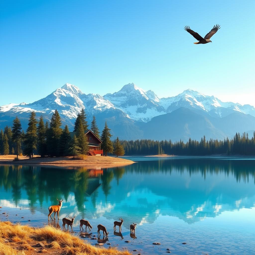 A serene landscape depicting a range of majestic, snow-capped mountains under a clear blue sky