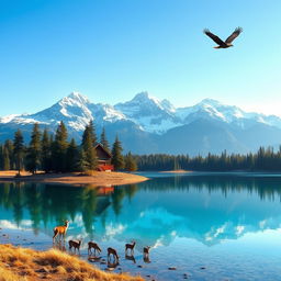 A serene landscape depicting a range of majestic, snow-capped mountains under a clear blue sky