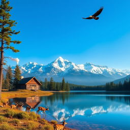 A serene landscape depicting a range of majestic, snow-capped mountains under a clear blue sky