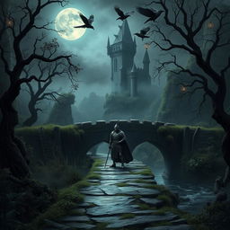 **Dark Fantasy Setting:** An overgrown, twisted forest surrounds an ominous, towering castle partially shrouded in mist