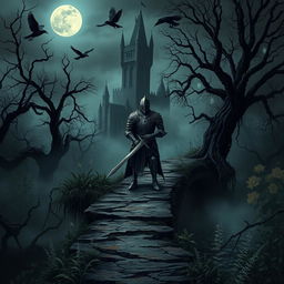 **Dark Fantasy Setting:** An overgrown, twisted forest surrounds an ominous, towering castle partially shrouded in mist