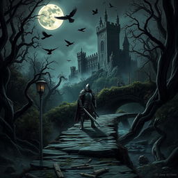 **Dark Fantasy Setting:** An overgrown, twisted forest surrounds an ominous, towering castle partially shrouded in mist