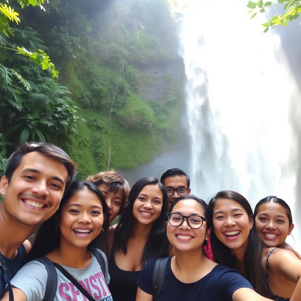 A group of friends standing in front of a majestic waterfall, capturing the moment with a selfie