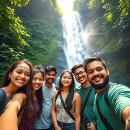 A group of friends standing in front of a majestic waterfall, capturing the moment with a selfie